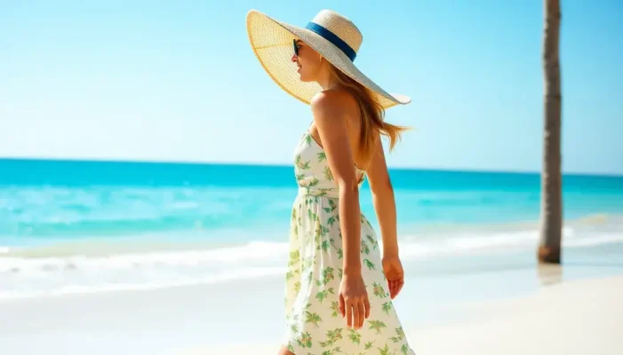 A woman in a breezy dress and straw hat walking on the beach with the ocean in the background.