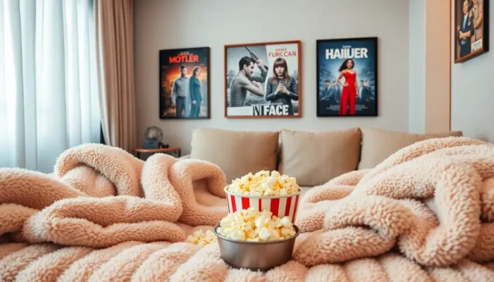 Cozy home theater setup with luxurious blankets and popcorn.