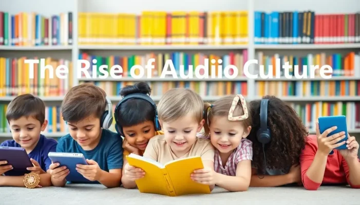 A diverse group of children in a library listening to audiobooks on various devices.