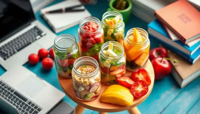 A small table with assorted cold lunch items like sandwiches and salad jars, surrounded by a laptop and books, reflecting a student-friendly setting.