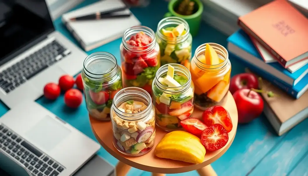 A small table with assorted cold lunch items like sandwiches and salad jars, surrounded by a laptop and books, reflecting a student-friendly setting.