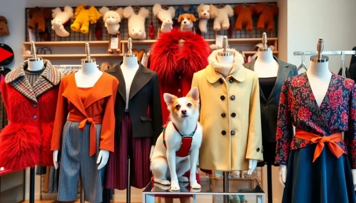 A variety of stylish and pet-safe clothing options on display.