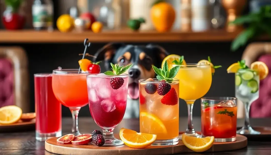 A variety of vibrant mocktails perfect for pet-friendly gatherings.