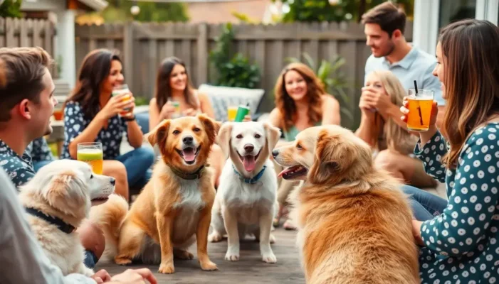 Social gathering in a backyard with guests enjoying drinks and interacting with pets.