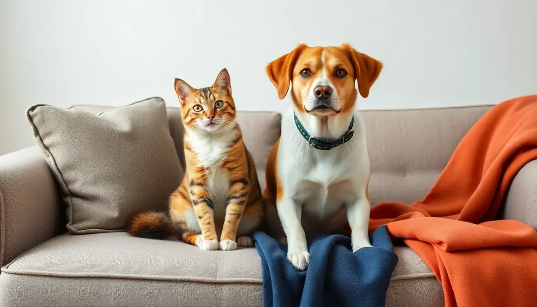 Cat and dog relaxing on a stylish sofa made from pet-safe fabrics.