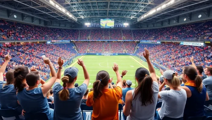 A lively sports stadium with female athletes and teenage fans celebrating women's sports.